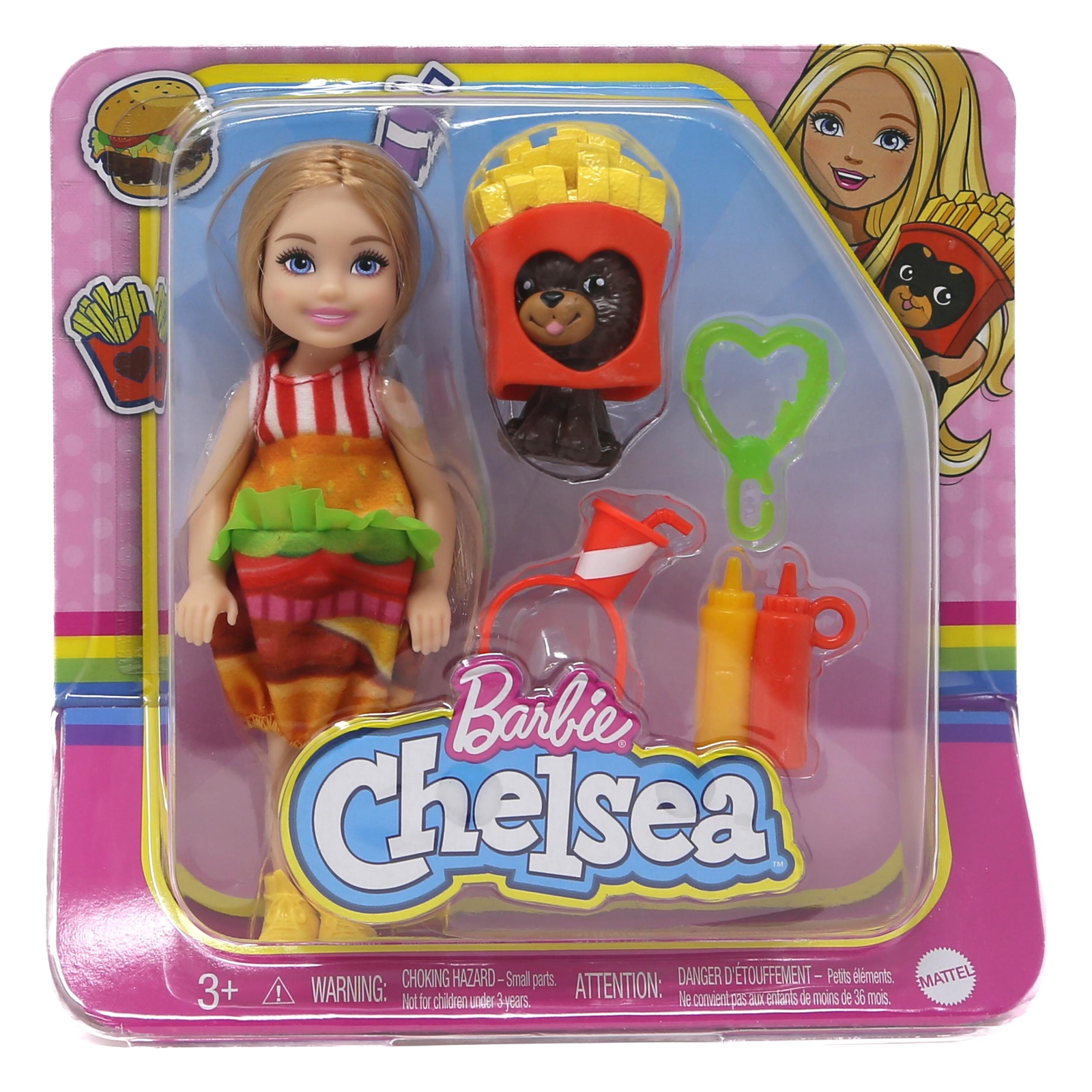 Barbie Club Chelsea Doll in Burger Costume (6-inch) for Ages 3-7, BRAND NEW