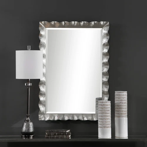 Large Silver Scalloped Edge Vanity Mirror | 40" Curved Black Vanity Metal - Picture 2 of 6
