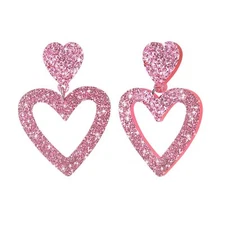 Glitter Heart Earrings Acrylic Double Heart Dangle Earrings for Women Mother ...