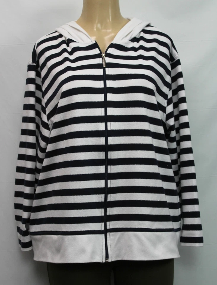 Suéter para mujer Dressbarn con capucha a rayas manga larga azul/blanco talla 14/16 Foto 3 de 4