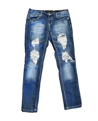 Premiere Women's Blue Rue 21  Distressed Rhinestone Skinny Jeans Size 7/8 R