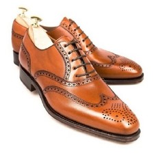 Men's Tan Wingtip Brogue Oxford Shoes Premium Leather Lace-Up Dress Shoe