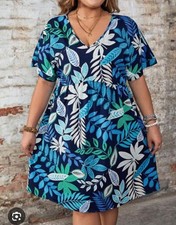 PLUS SIZE Shein Curve Dress Sz 4X Black Teal White Leaf Motif Comfy Vacay Casual