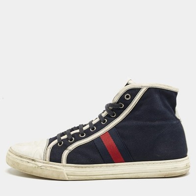 Gucci Navy BlueWhite Canvas and Leather Web Detail High Top Sneakers Size 43
