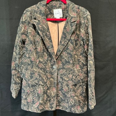 Sam Edelman Blazer JSEW0024(BLK) Medium Green Floral Denim Paisley Jacket