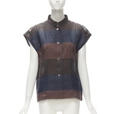 ISSEY MIYAKE 1980's Vintage brown navy checked patchwork linen shirt JP9 S
