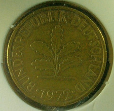 WORLD COIN SALE--1972-F  GERMANY  5 PFENNIG-BRASS PLATED STEEL COIN-KM# 107