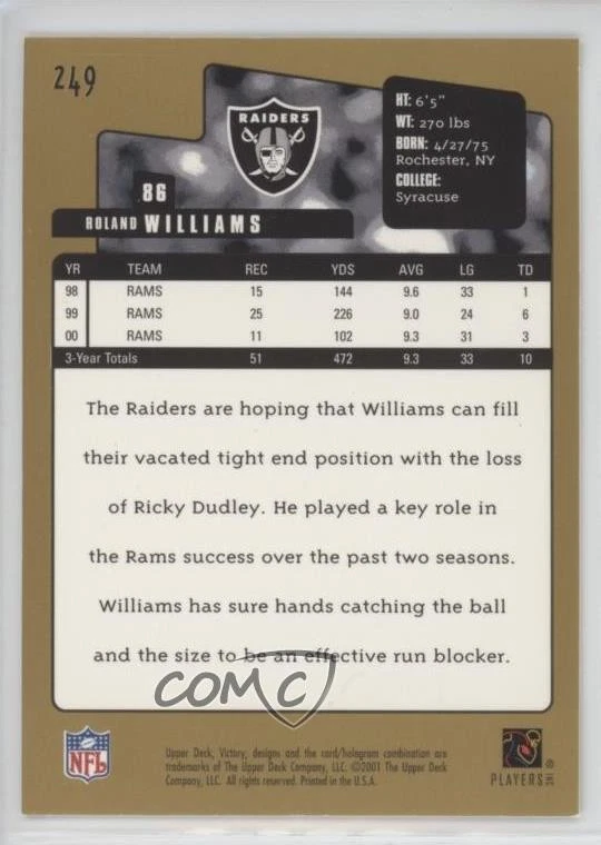 2001 Upper Deck Victory Gold Roland Williams #249 - Image 2 of 2