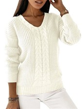 Womens Ladies Winter Cable Knitted V Neck Jumper Pullover Sweater Tops SIZE 8-22
