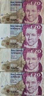 Irish £20 Punt Banknotes X 4 WORTH €100