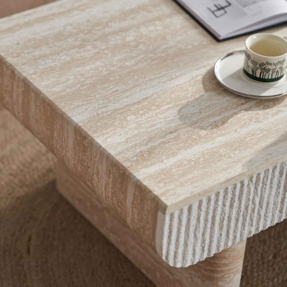 Mid Century Modern Coffee Table Faux Marble Top Fluted Drawer Living Room Office - Image 3 of 4