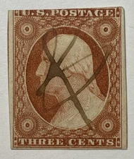 US #10A 1852 3c orange brown Wash. Type II pos 7R0 Used, pen cancel; $75 SCV