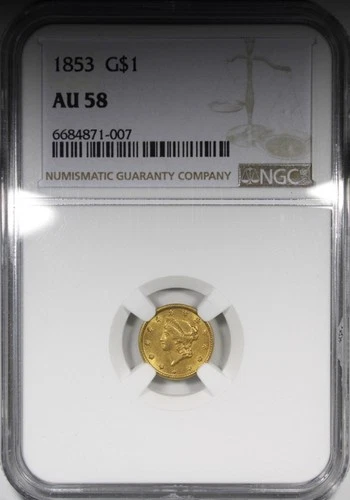 1853 Gold Liberty Dollar NGC AU58 Circulated Coin $1