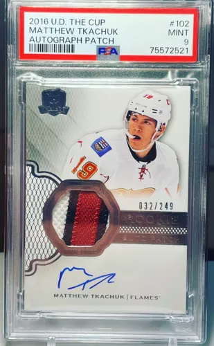 2016-17 UD The Cup #102 Matthew Tkachuk RPA 3 CLR Rookie Auto Patch /249 PSA 9
