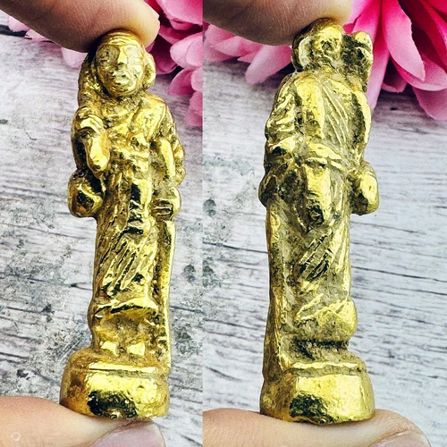 Leklai SuWanRaCha Walking Sivali Wealth Immortal Yellow Gold Thai Amulet #18282