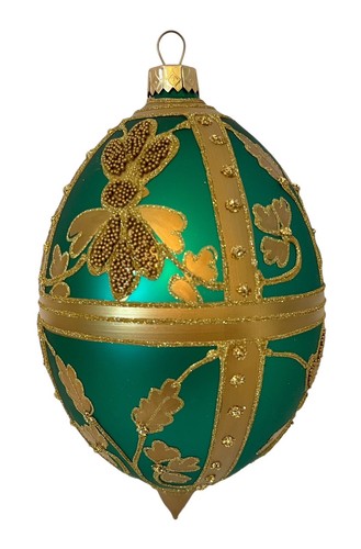 New SZKLO-DEKOR Mouth Blown Glass Ornament FABERGE EGG Green & Gold Floral 6.5” - Picture 2 of 6