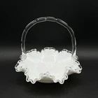 Fenton Milk Glass Silver Crest Basket Clear Handle Ruffle Rim Candy Dish VTG