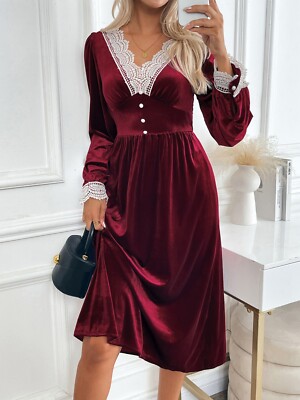 Spring and Autumn New Velvet Long Dress Lace Splicing Contrast Color Party  Dress | eBay