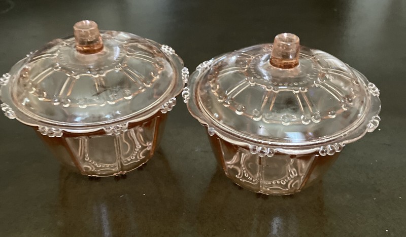 Vintage KIG Indonesia Pink Glass Lidded Candy Box Dish w/ Beaded Panels Set Of 2