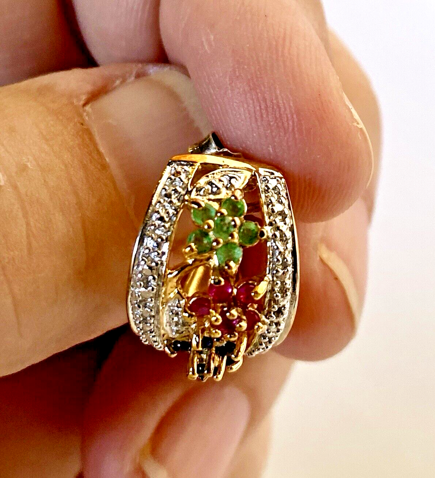 Pr Gold Plate Sterling Silver Post Earrings, Flower Gems Ruby, Emerald