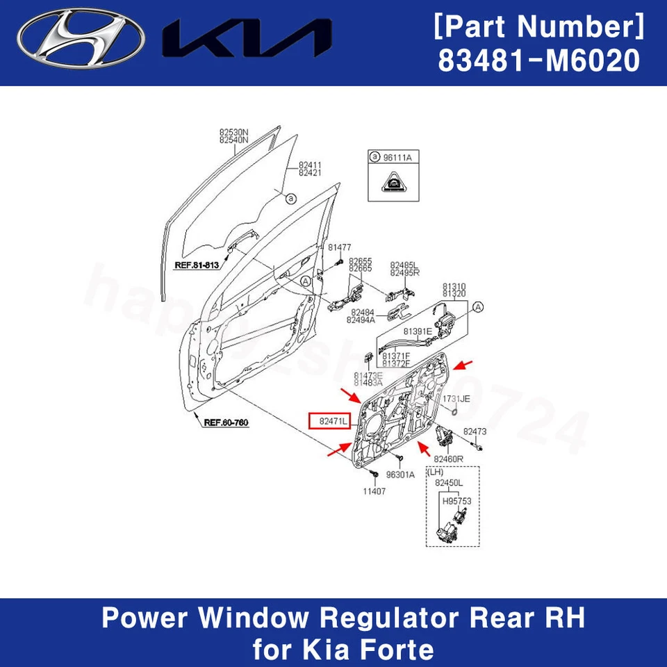 Regulador de ventana eléctrica trasero derecho OEM 83481-M6020 para KIA Forte 2019-2022 Foto 3 de 3