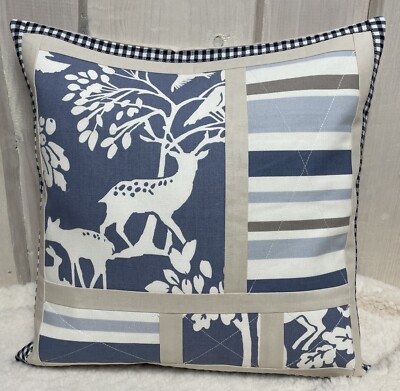 Landhausstil Kissenbezug, Patchwork Kissenhülle, beige/blau kariert 40x40cm