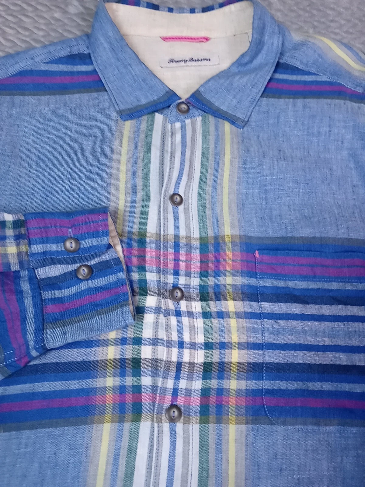 Tommy Bahama Shirt Mens XL Blue Plaid 100% Linen Beach Summer Casual Outdoor