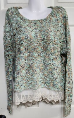 The Buckle BKE Pullover Sweater Womens Size L Open Knit Lace Hem Trim Green Tan