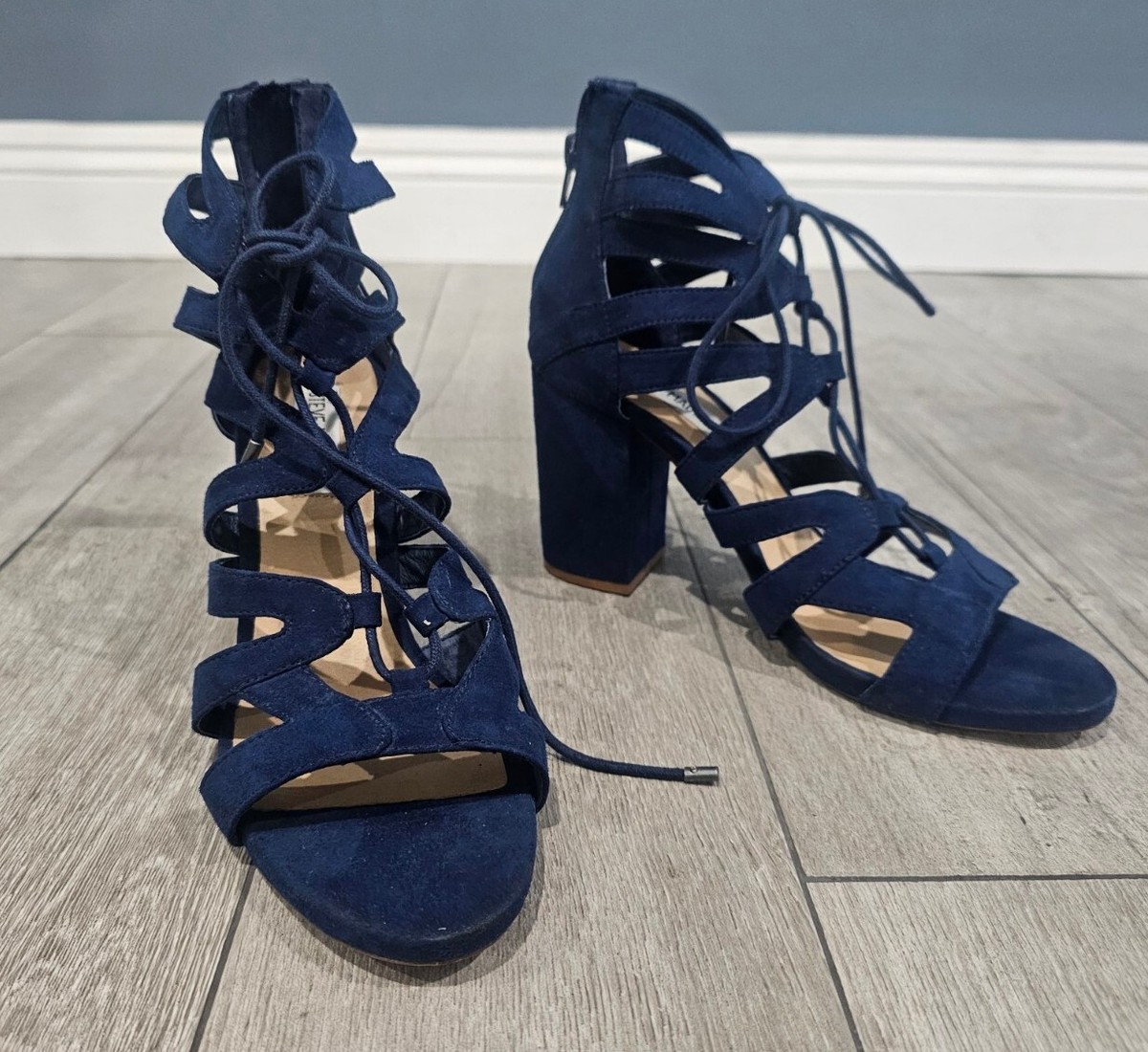 STEVE MADDEN Gal Blue Lace Up Zip Gladiator Block Heel Sandals