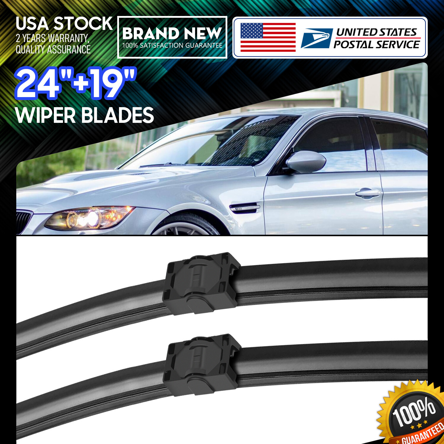 Side lock 24''+ 19'' Set Premium Bracketless Windshield Wiper Blades All Season