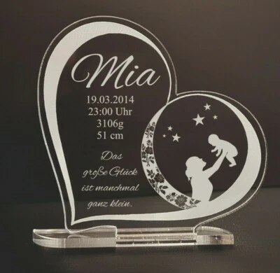 MARKENLOS 1 Aufsteller Herz inkl. Wunschtextgravur zur Geburt / Taufe Geschenk Baby Daten