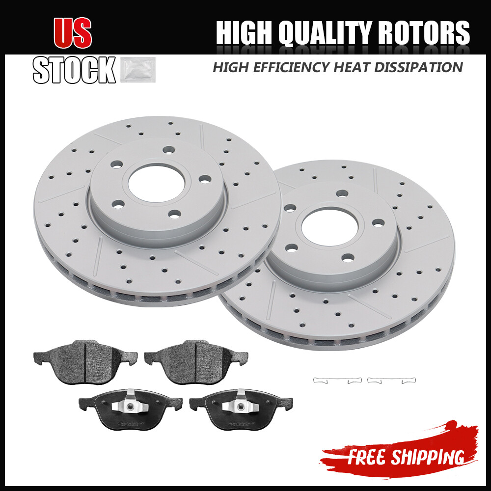 Front Drilled & Slotted Rotors + Ceramic Brake Pads for Ford Focus
