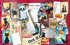#713 -BONE WRITING PEN 40 PIECE HALLOWEEN VINTAGE POSTCARDS JUNK JOURNAL KIT