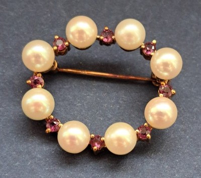 Vintage 14K Gold Pearl Brooch Ruby Red Stones 585 Hallmark Elegant Circle Pin