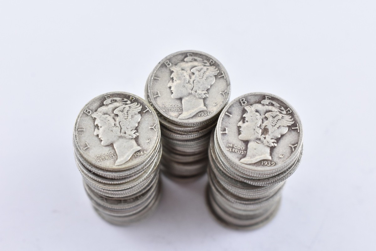 Mercury Dimes $10 Face Value 90% Silver 2 Rolls 100 Coin Bulk Lot