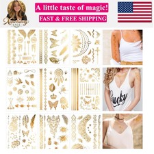 9 Sheets Gold Metallic Temporary Tattoos, 100 Designs Waterproof Fake Tattoo...