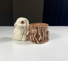Vintage Ceramic Bunny Rabbit With Tree Stump Covered Trinket Dish