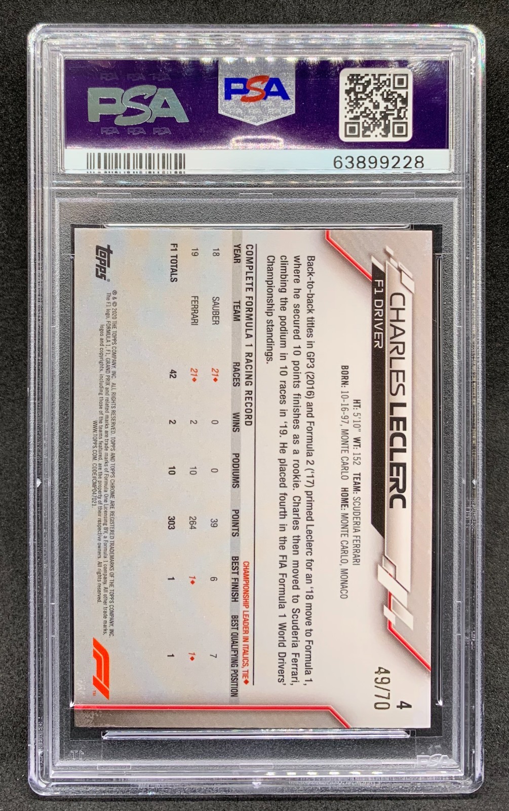 2020 Topps Chrome F1 CHARLES LECLERC Sapphire Refractor SP /70 Gem Mint PSA 10 view 2