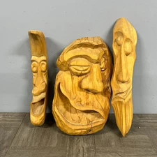 Set of 3 Vintage Hand Carved Wood Old Man Face Spirit Tree Sculptures Wall Art