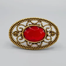 Vintage Victorian Revival Oval Red Glass Steel Cut Style Gilt Brooch