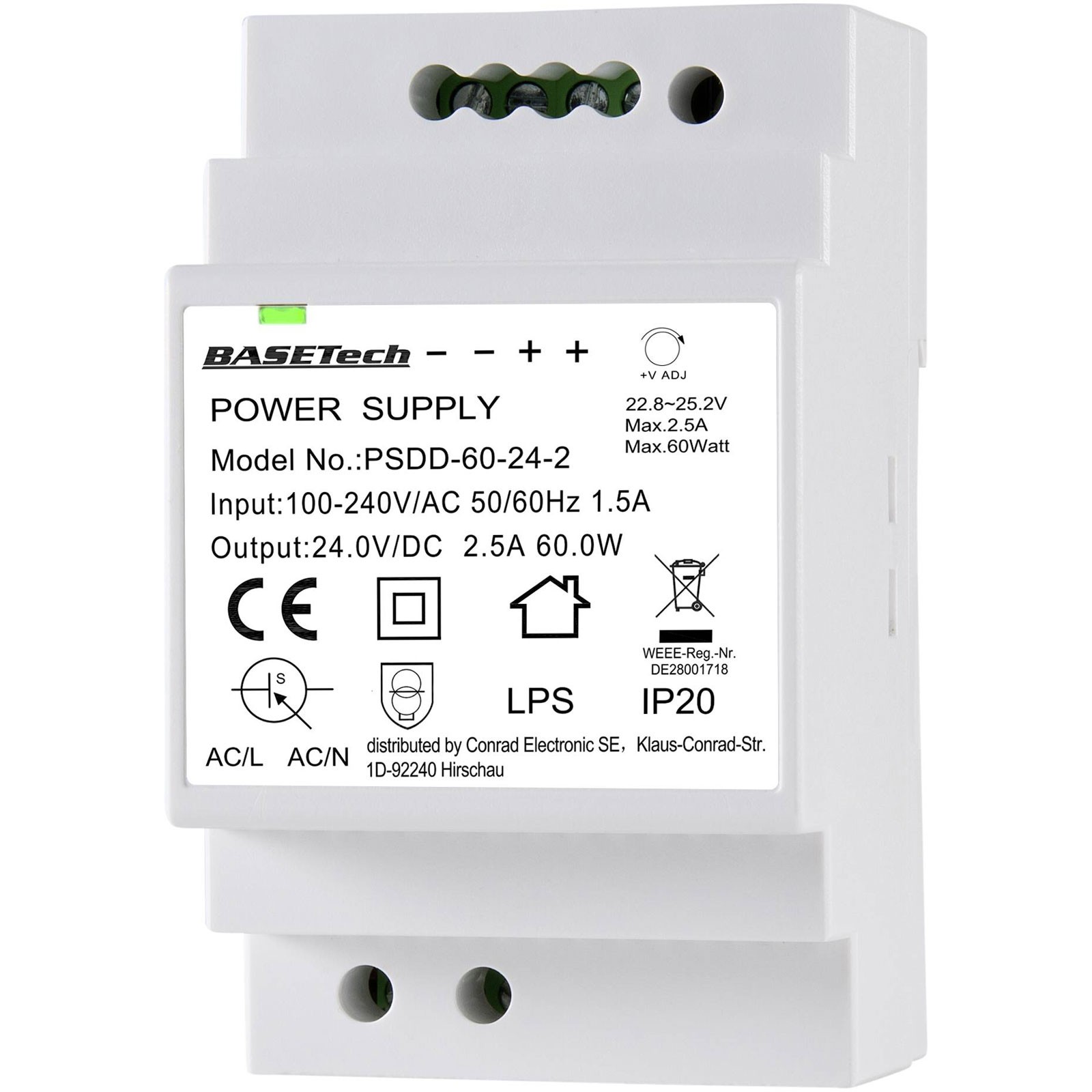Basetech DIN Rail PSU 24V 2.5A 60W Short Circuit Protection