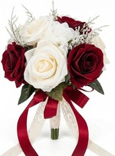 Bridal Bouquet: Ivory White & Burgundy Silk Wedding Flowers for Bride