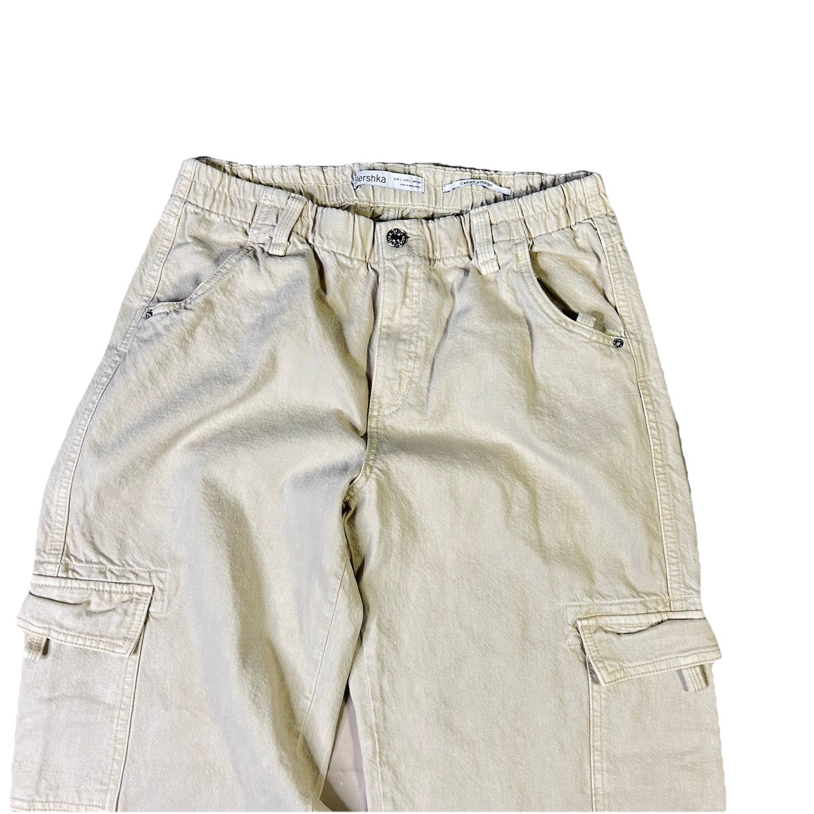 Bershka Women’s Cargo Pants Straight Leg Cream Ivory Casual Trousers Size L image 2