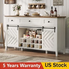 Farmhouse Wine Bar Cabinet with Barn Door, Buffet Sideboard with Storage Drawers