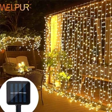 Outdoor Solar Curtain Lights 300LED Waterproof Fairy String Christmas Decor