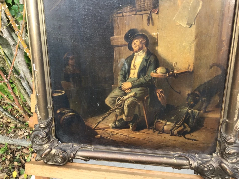 Cadre ancien bois doré chromo sur toile  icône l’homme qui boit scène de rue - Photo 2/4