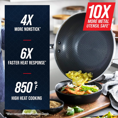 Wok Ibrido Antiaderente Acciaio Inox 12” con Coperchio, Legame Diamante Ceramica Senza Pfas - Foto 4 di 7