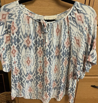 Womens Lovestitch Blouse Top Size Small Off White Azteca Print Short Sleeve