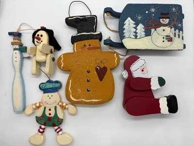 Set of 5 Wooden Christmas Figurines Snowmen, Santa, Gingerbread & Sled