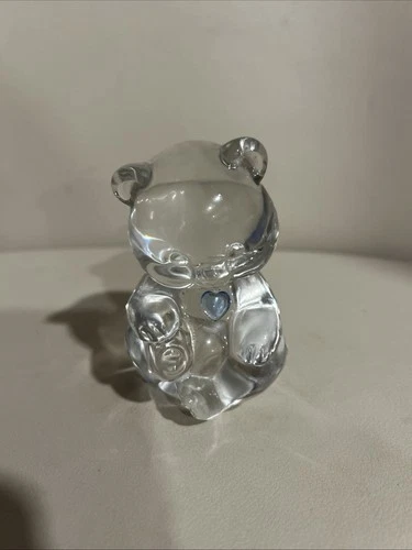 Fenton Bear Figurine Art Glass Paperweight With Blue Heart 3.5"